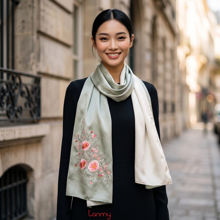 Silk scarf hand-embroidered with cosmo flowers 40*200 cm-Different models
